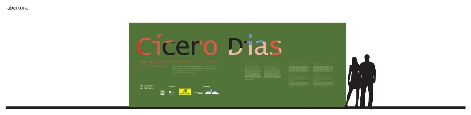 Painel de abertura verde com o logotipo multicolorido e textos curatoriais