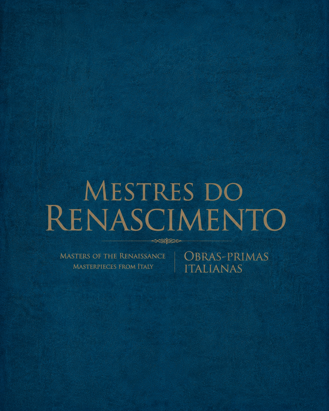 Marca Mestres do Renascimento sobre fundo azul texturizado em formato vertical